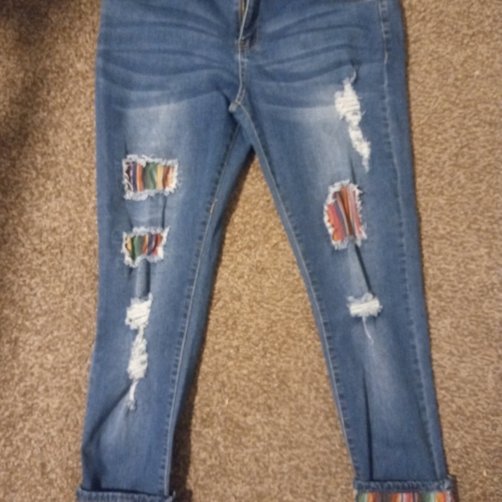 Serape pattern embellished jeans